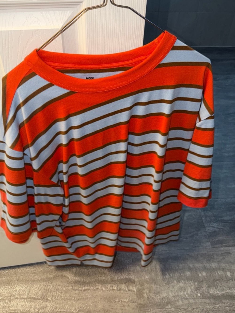 Women's Short-Sleeve Striped Tee in Orange, Light Blue, and Brown